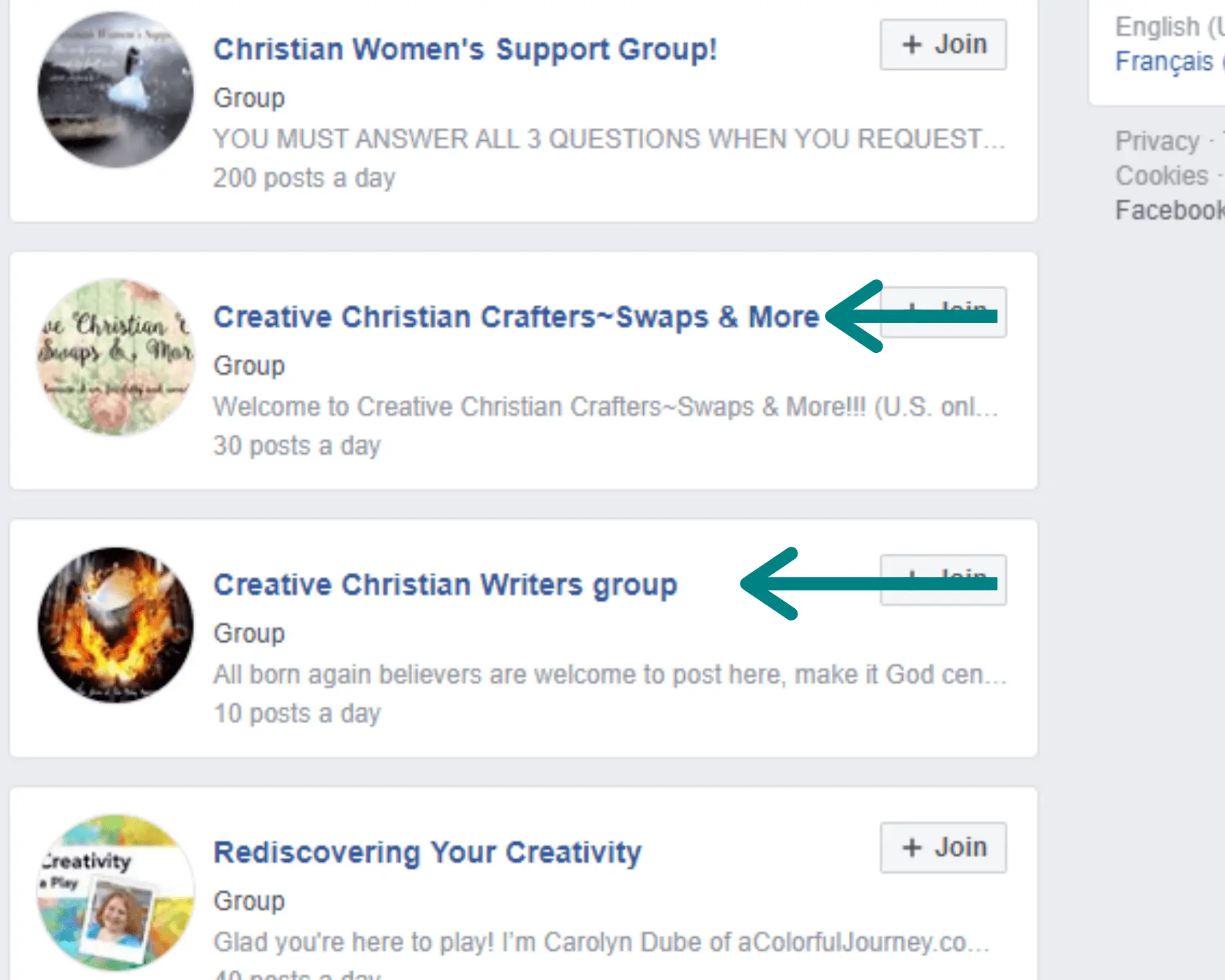 screen shot of facebook groups on creativity profitable blog niches 