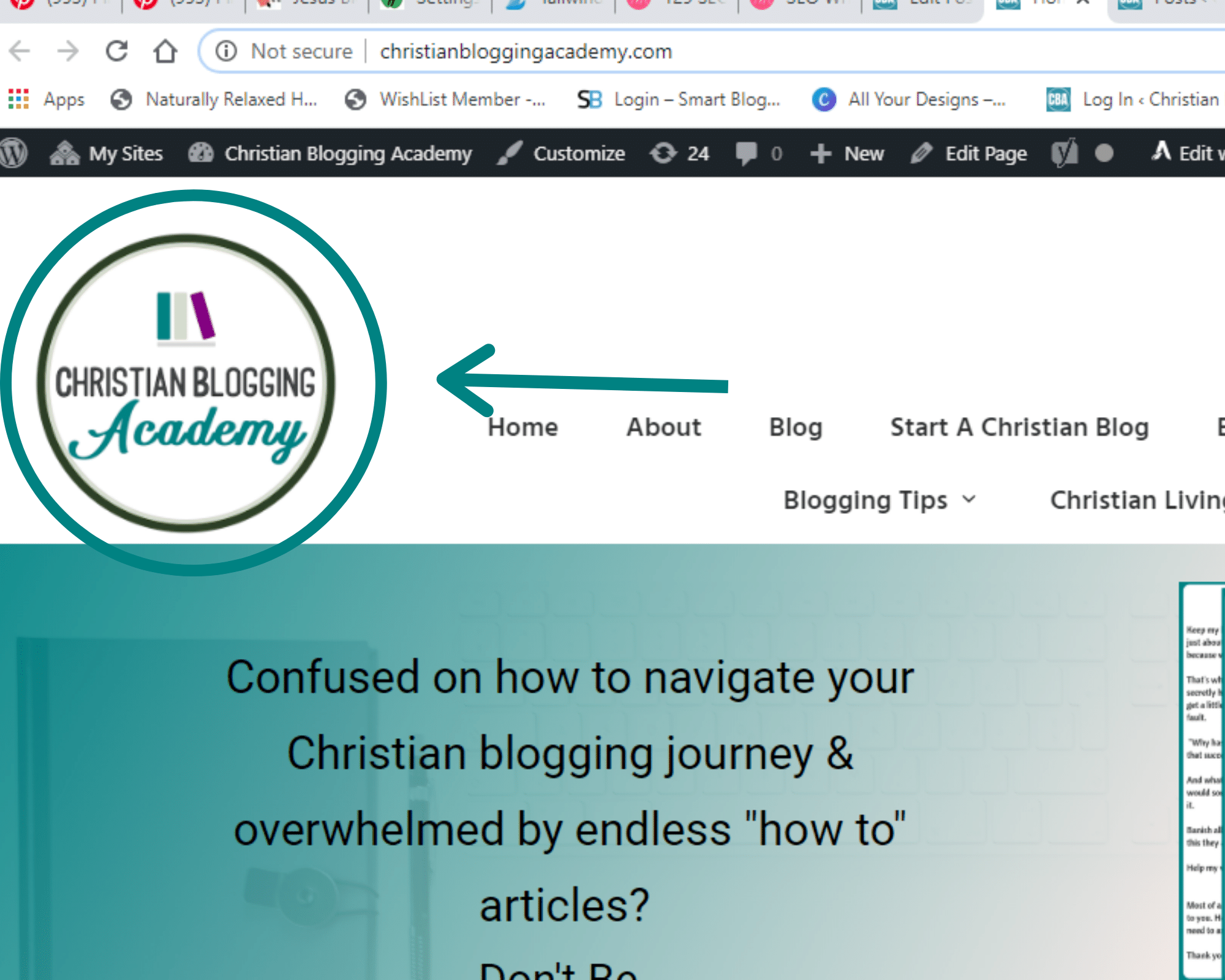 screen shot of Christian Blogging Academy's website for Christian blog name examples 