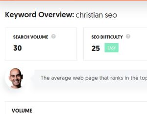 screen shot of SEO keyword tool for Christian SEO term