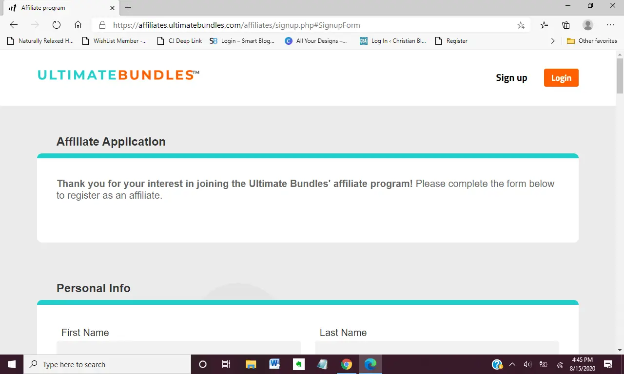 screenshot of Ultimate Bundles affiliate signup