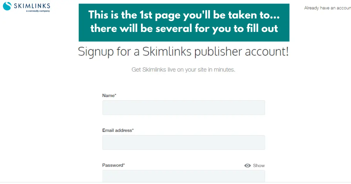screenshot for skimlinks sign up