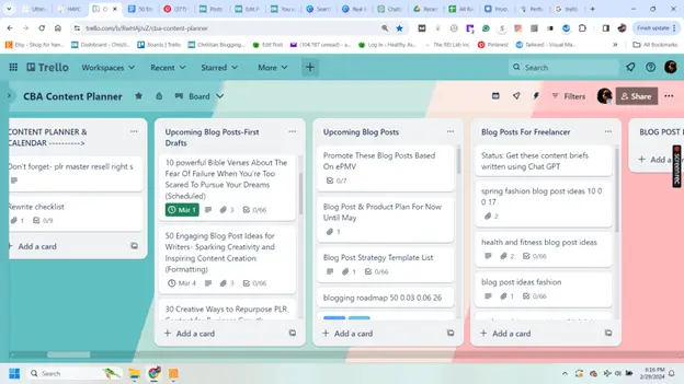 trello blog planner showing how to organize blog post ideas teal peach