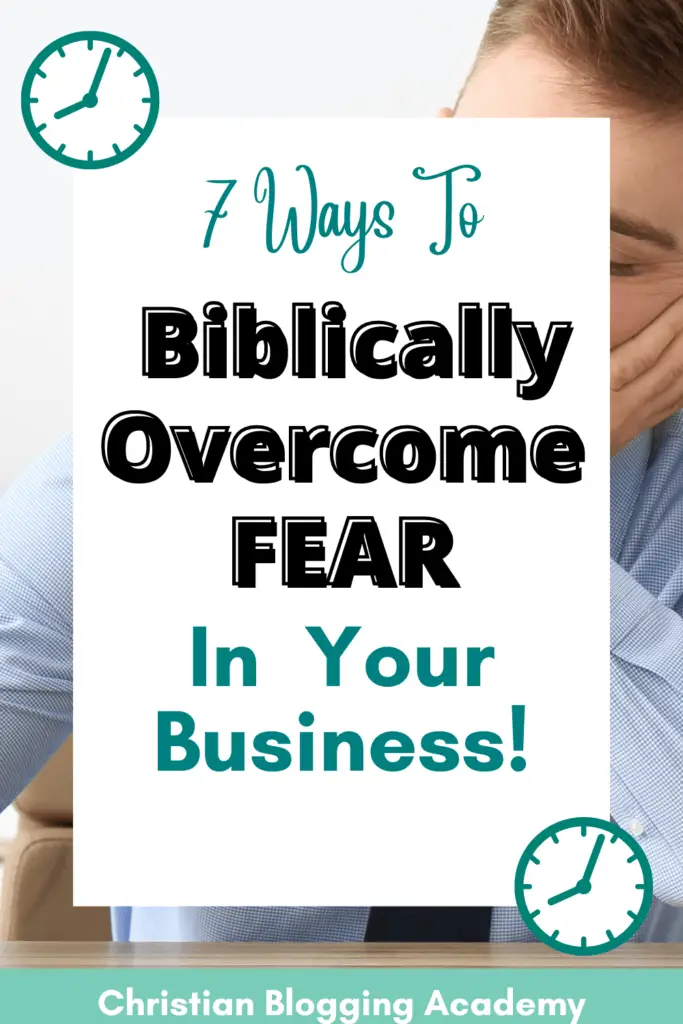 white and teal writing 7 Biblical Ways To Overcome Procrastination In Your Business Or Blog! Man in background bored at desk 