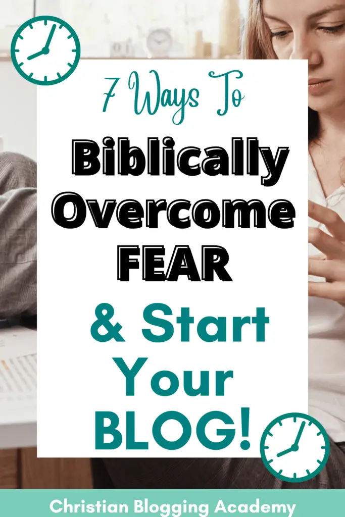 7 Biblical Ways To white and teal writing Overcome Procrastination In Your Business Or Blog! woman in background looking at phone 