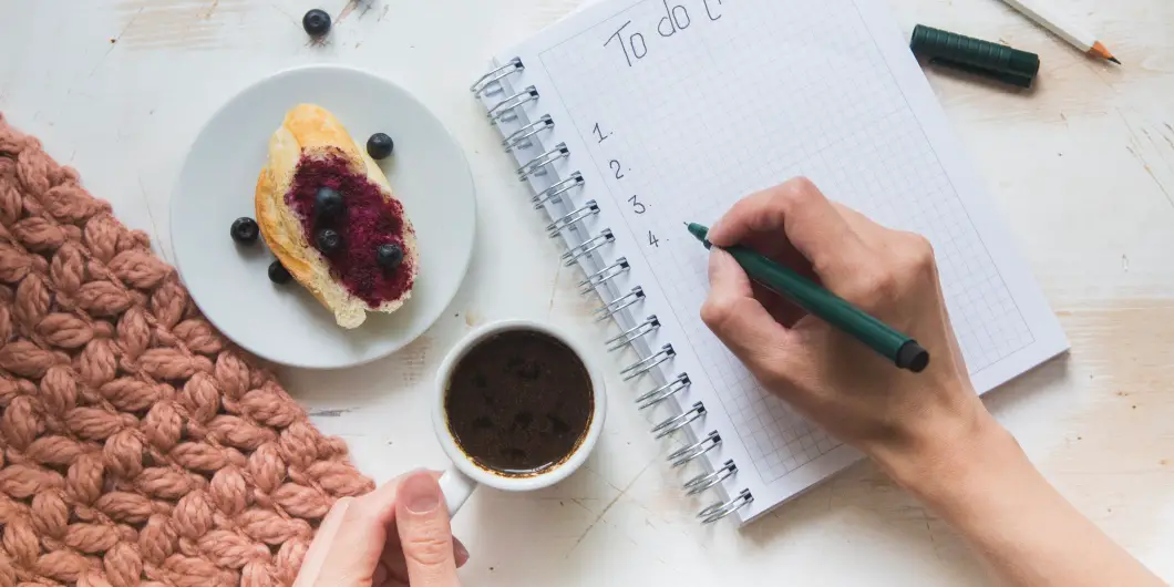 coffee, journal, and toast